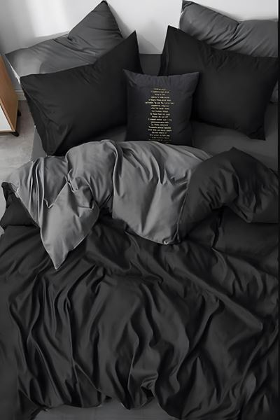 Ranforce Çift Kişilik Lastikli Çarşaflı Nevresim Takımı Siyah-gri