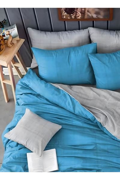 Pamuklu Tek Kişilik Çift Taraflı Nevresim Seti MAVİ (çarşafsız)