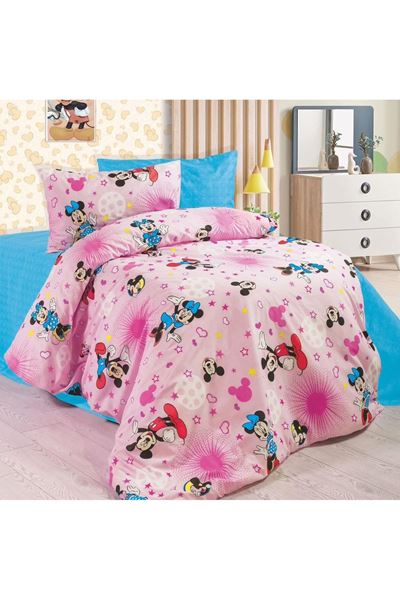 Tek Kişilik Çarşafı Lastikli Çocuk Nevresim Takımı Mickey Mousee Pembe