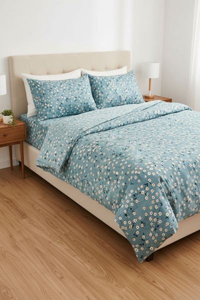 Pamuklu Kumaş Papatya Desen Çift Kişilik Nevresim Takımı Turkuaz