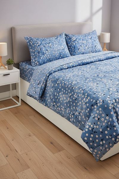 Pamuklu Kumaş Papatya Desen Tek Kişilik Nevresim Takımı Mavi