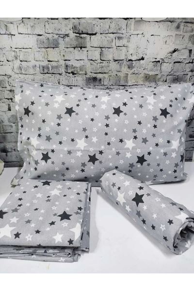 Pamuklu Yıldız Desen Çift Kişilik Nevresim Takımı Çarşafı Lastikli (Fitted) Gri