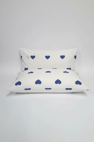 Pamuklu Kalp Desen Yastık Kılıfı Beyazmavi