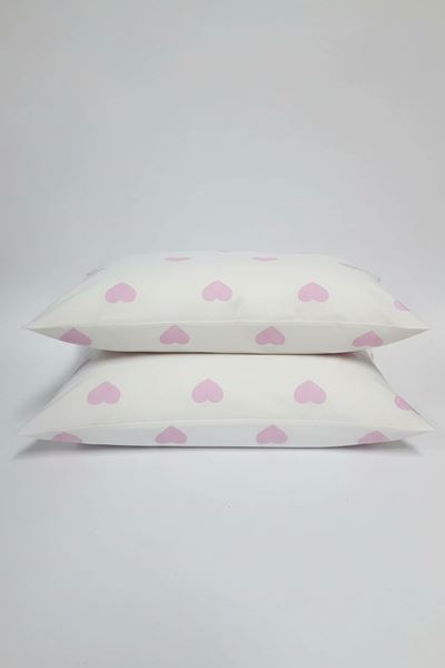 Pamuklu Kalp Desen Yastık Kılıfı Beyazpembe