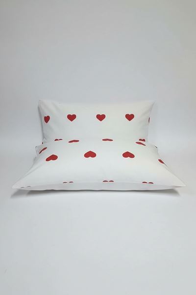 Pamuklu Kalp Desen Yastık Kılıfı Beyazkırmızı