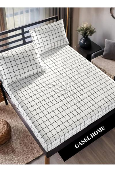 Pamuklu Tek Kişilik Lastikli Çarşaf Takımı Kareli Beyaz