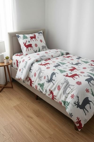 Geyik Desen Pamuklu Tek Kişilik Nevresim Takımı Beyaz