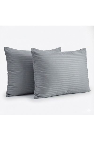 Çizgili Pamuk Saten Yastık Kılıfı Gri