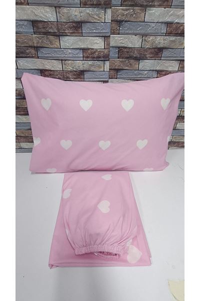 TEK KİŞİLİK PAMUKLU LASTİKLİ ÇARŞAF TAKIMI 100X200 & 120X200 PEMBE KALP