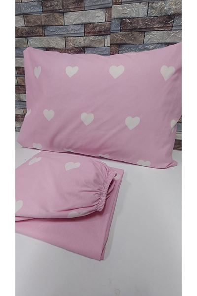 Tek Kişilik Pamuklu Lastikli Çarşaf Takımı 100X200 & 120X200 Pembe Kalp