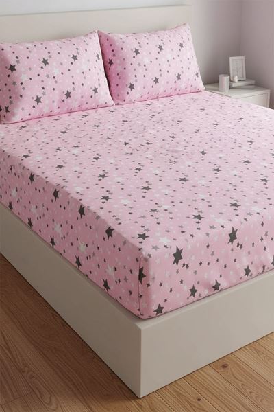 Pamuklu Kumaş Yıldız Desen Çift Kişilik Lastikli Çarşaf Takımı PEMBE