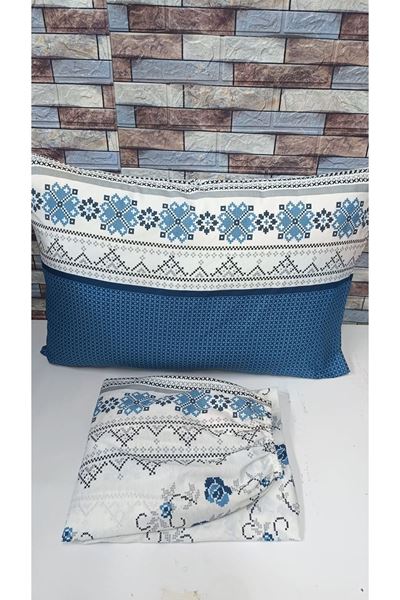 Çift Kişilik Kanaviçe Desen Pamuklu Lastikli Çarşaf Takımı Turkuaz