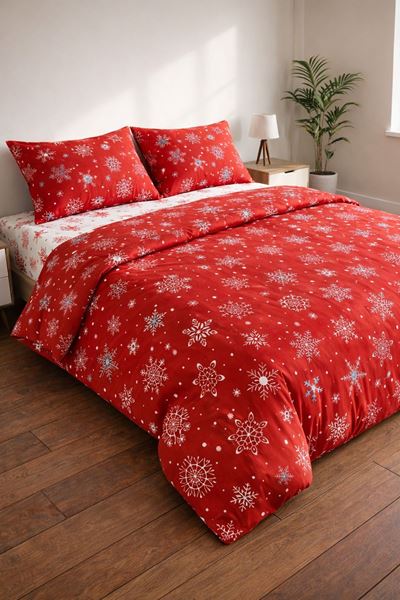 Kar Desen Pamuklu Çift Kişilik Nevresim Takımı Kırmızı