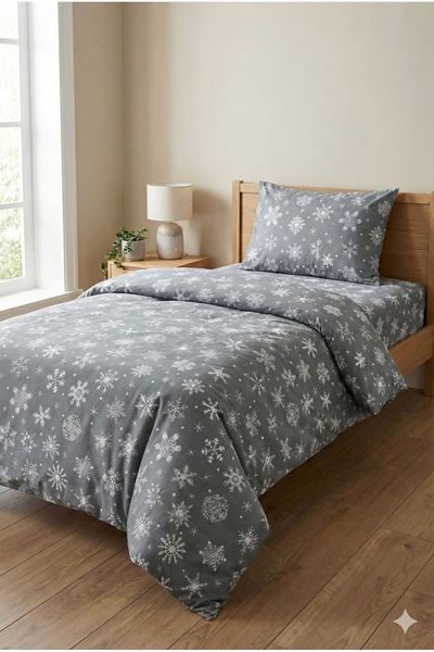 Kar Desen Pamuklu Tek Kişilik Nevresim Takımı Gri