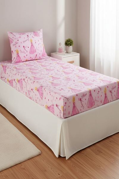 Prenses Pamuklu Kız Çocuk Lastikli Çarşaf Takımı Pembe
