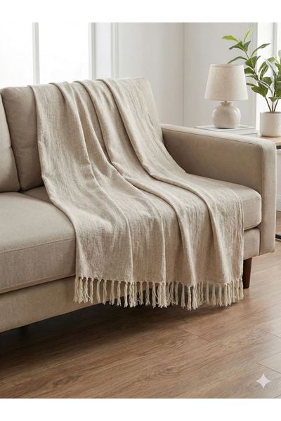 Naturel Püsküllü Koltuk Örtüsü175x220 Sütlükahve