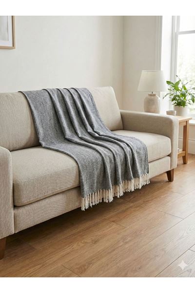 Naturel Püsküllü Koltuk Örtüsü  175x220 Antrasit