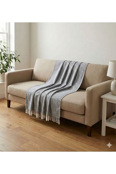 Naturel Püsküllü Koltuk Örtüsü 175x220 Gri