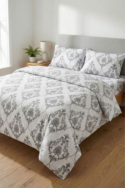 %100 Pamuk Kumaş Damaks Desen Çift Kişilik Nevresim Takımı Gri