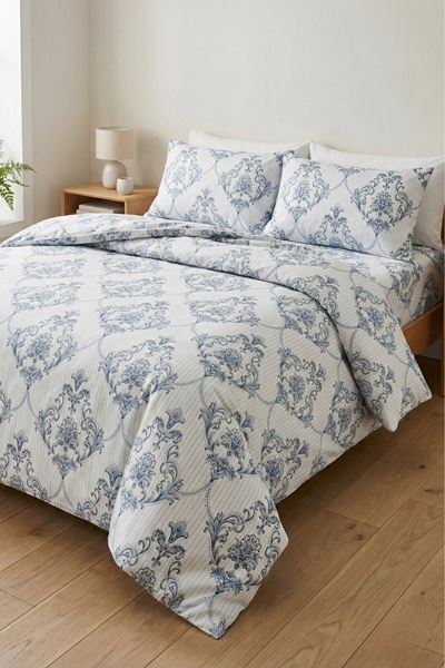 %100 Pamuk Kumaş Damaks Desen Çift Kişilik Nevresim Takımı Mavi