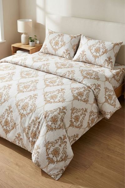 %100 Pamuk Kumaş Damaks Desen Çift Kişilik Nevresim Takımı Sarı