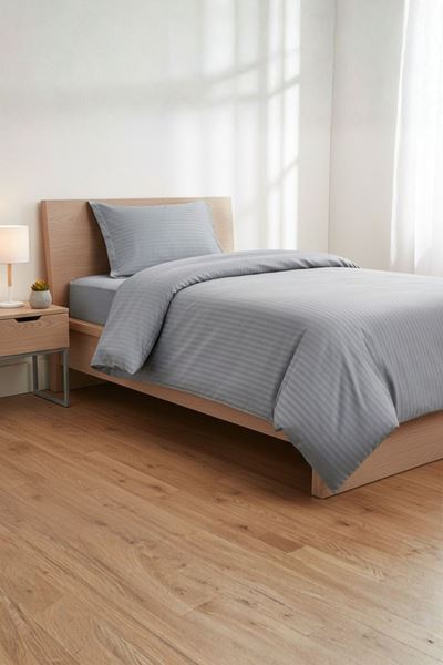 5 Yıldızlı Lüx Otel Tipi Tek Kişilik Lastikli Çizgili Pamuk Saten Nevresim Takımı Gri