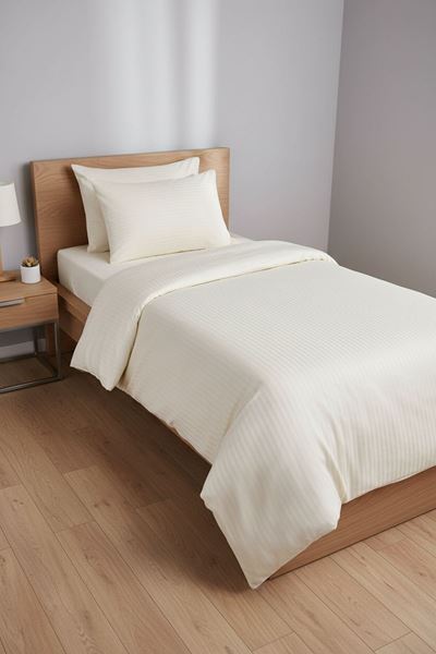 5 Yıldızlı Lüx Otel Tipi Tek Kişilik Lastikli Çizgili Pamuk Saten Nevresim Takımı Krem