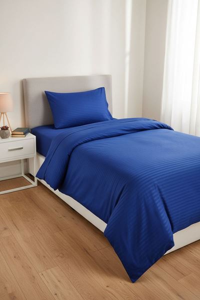 5 Yıldızlı Lüx Otel Tipi Tek Kişilik Lastikli Çizgili Pamuk Saten Nevresim Takımı Parlementmavi