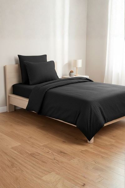 5 Yıldızlı Lüx Otel Tipi Tek Kişilik Lastikli Çizgili Pamuk Saten Nevresim Takımı Siyah