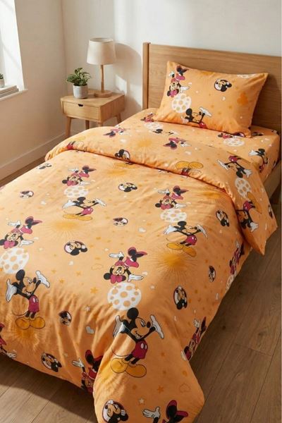 Çocuklar İçin Tek Kişilik Çarşafı Lastikli Nevresim Takımı Sarı mickey mouse