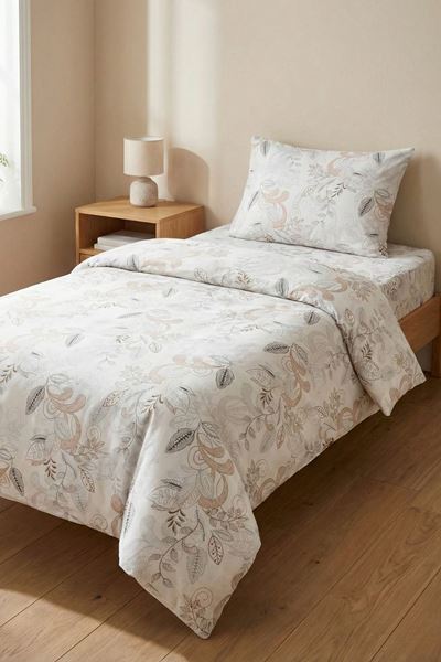 %100 Pamuk Kumaş Yaprak Desen Tek Kişilik Nevresim Takımı Gri