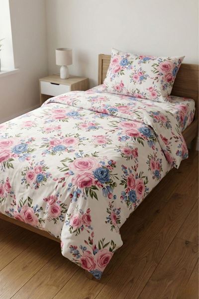 %100 Pamuk Kumaş Gül Desen Tek Kişilik Nevresim Takımı Mavi