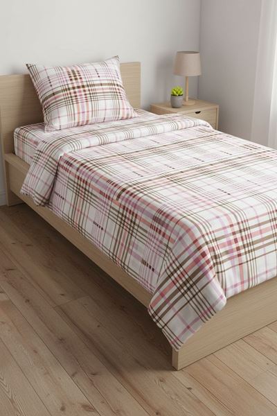 %100 Pamuk Kumaş Ekose Çizgili Desen Tek Kişilik Nevresim Takımı kahve