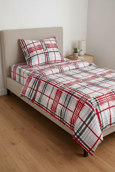 %100 Pamuk Kumaş Ekose Çizgili Desen Tek Kişilik Nevresim Takımı Kırmızı