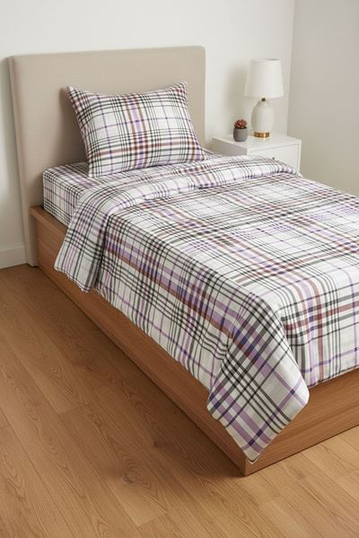 %100 Pamuk Kumaş Ekose Çizgili Desen Tek Kişilik Nevresim Takımı Lila