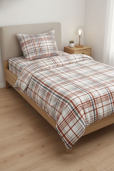 %100 Pamuk Kumaş Ekose Çizgili Desen Tek Kişilik Nevresim Takımı Turuncu