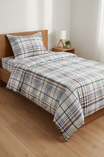 %100 Pamuk Kumaş Ekose Çizgili Desen Tek Kişilik Nevresim Takımı Yeşil