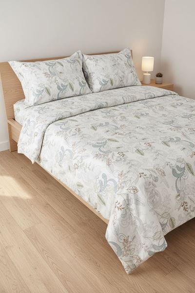 %100 Pamuk Kumaş Yaprak Desen Çift Kişilik Nevresim Takımı Yeşil