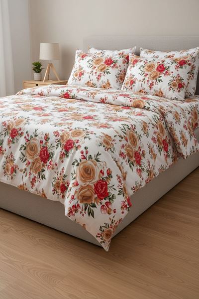 %100 Pamuk Kumaş Gül Desen Çift Kişilik Nevresim Takımı Kırmızı