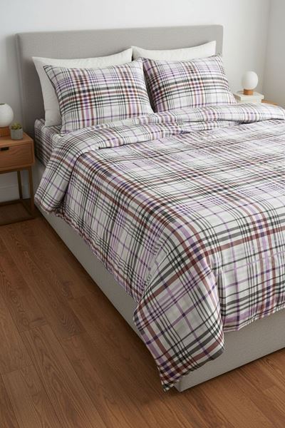 %100 Pamuk Kumaş Ekose Çizgili Desen Çift Kişilik Nevresim Takımı Lila