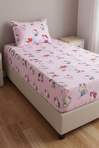 Hello Kitty Pamuklu Kumaş Lastikli Çarşaf Takımı PEMBE