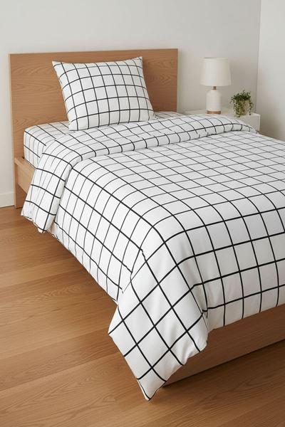 Tek Kişilik Pamuklu Ekose Nevresim Takımı Kareli ( Çarşafı Lastikli ) Beyaz Antrasit