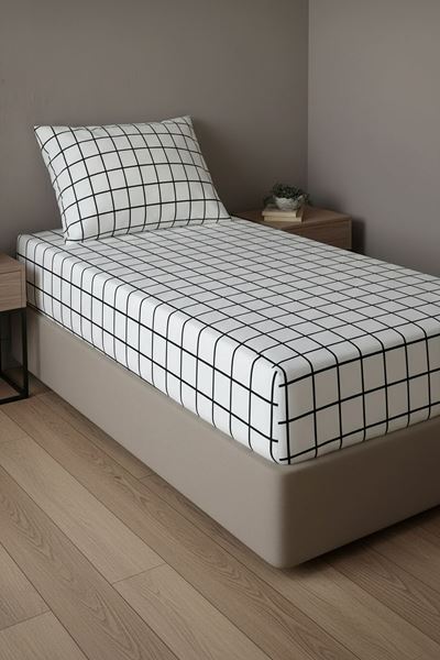 Pamuklu Tek Kişilik Lastikli Çarşaf Takımı Kareli Beyaz