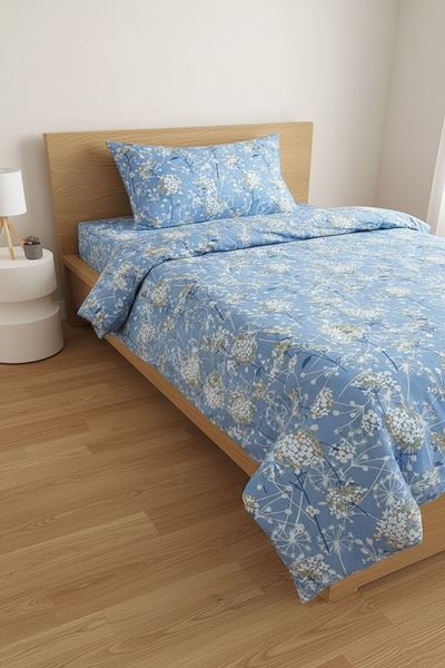 Tek Kişilik Çarşafı Lastikli Pamuklu Ranforce Kumaş Nevresim Takımı Papatya Mavi