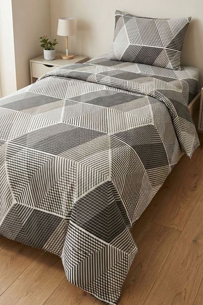 %100 Pamuk Kumaş Çizgi Desen Tek Kişilik Nevresim Takımı Gri