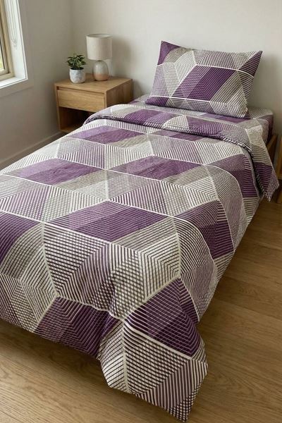 %100 Pamuk Kumaş Çizgi Desen Tek Kişilik Nevresim Takımı Mor