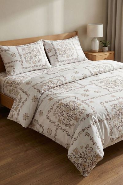 %100 Pamuk Kumaş Etnik Papatya Desen Çift Kişilik Nevresim Takımı Kahve