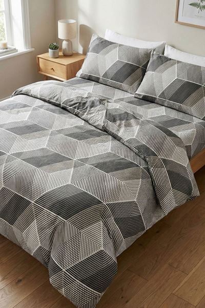 %100 Pamuk Kumaş Çizgi Desen Çift Kişilik Nevresim Takımı Gri