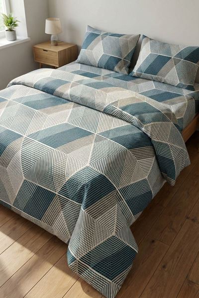 %100 Pamuk Kumaş Çizgi Desen Çift Kişilik Nevresim Takımı Yeşil