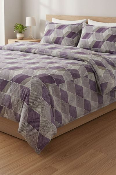 %100 Pamuk Kumaş Çizgi Desen Çift Kişilik Nevresim Takımı Mor